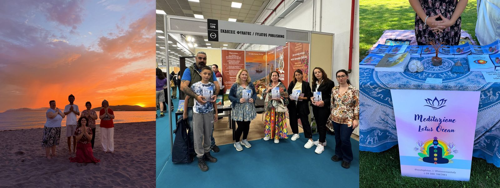 LotusOcean practitioners at a beach sunset, a book fair stand, and a Meditazione Lotus Ocean table in Italy